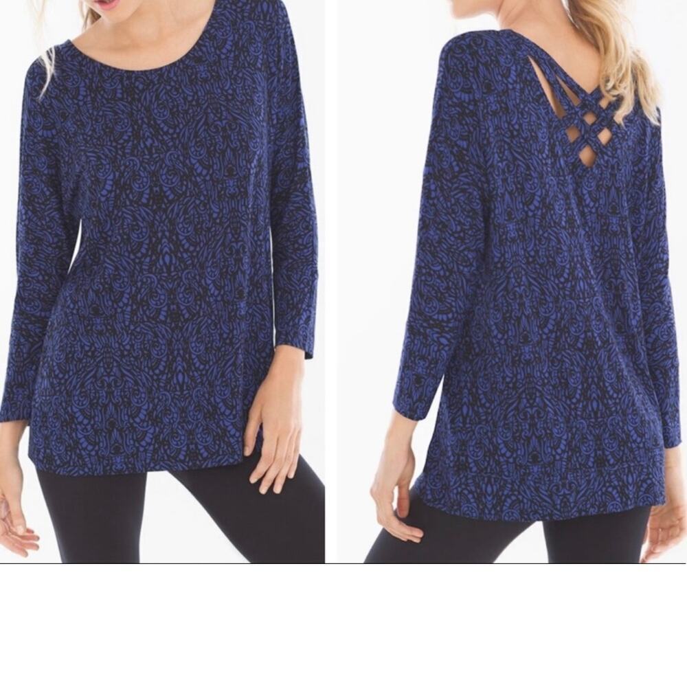 Soma Tunic Top Womens Size XS Blue Black Print Splendor Cross Strap Back Stretch